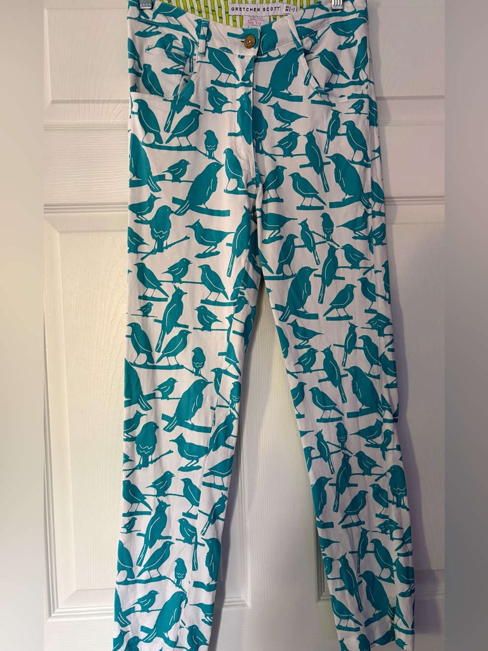 Gretchen Scott gripeless Jean bird on a wire white/turquoise XS/4 stretch